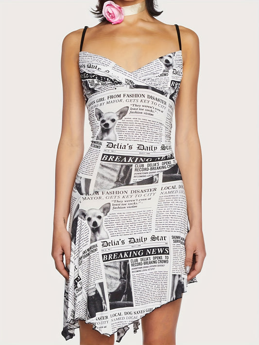 2023 Newspaper Fashion Printed Irregular Elegant Suspender Skirt
