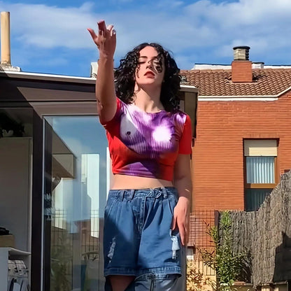Women Sexy Summer Round Neck Y2k Tie Dye Tank Top Short Sleeves Bodycon Printed Blouse