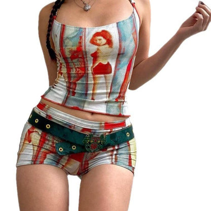 Sexy Strap Y2K Abstract Printing Slim Fit Fashion Casual Set
