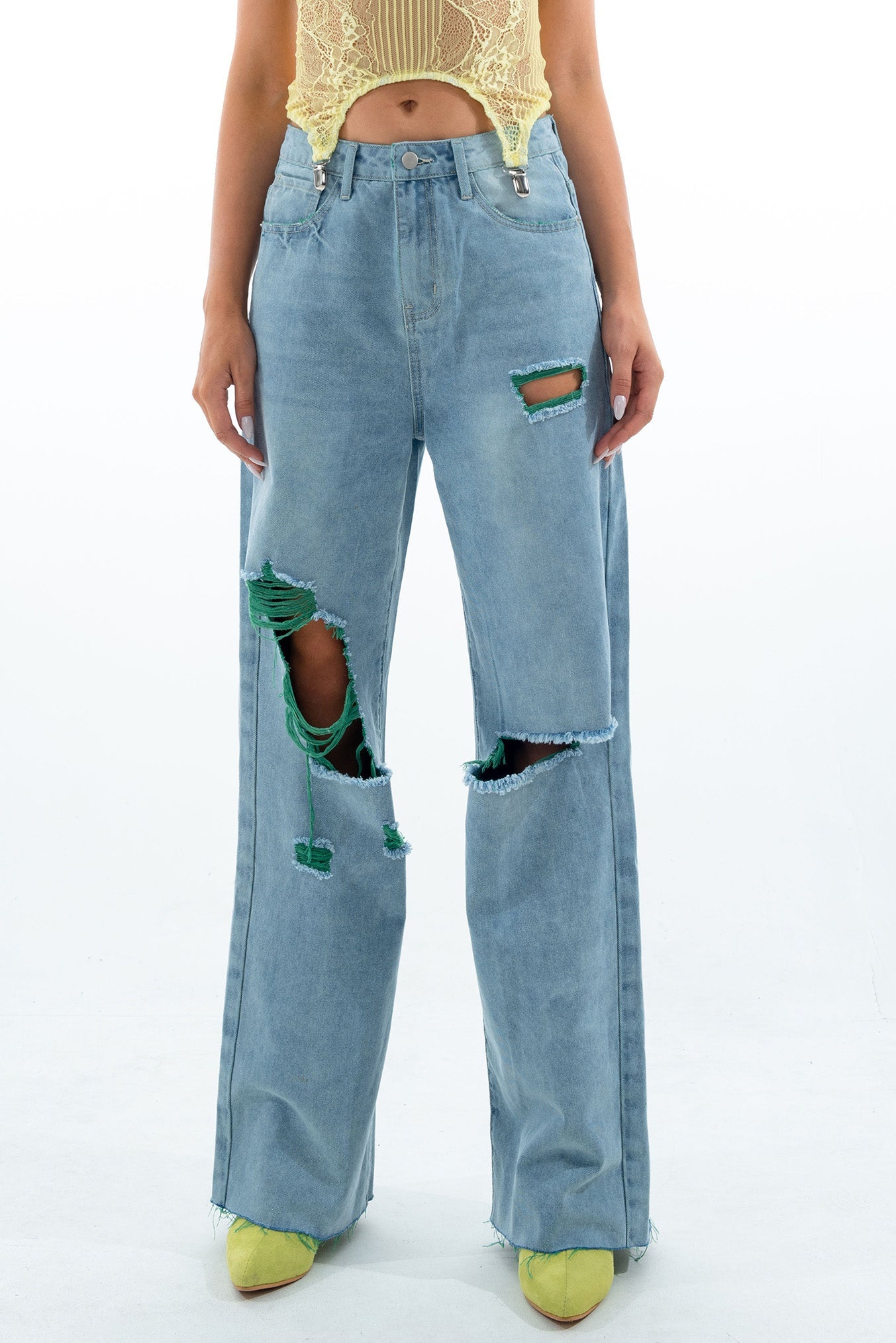 Ripped Green Inside Denim Slight Stretch Jeans