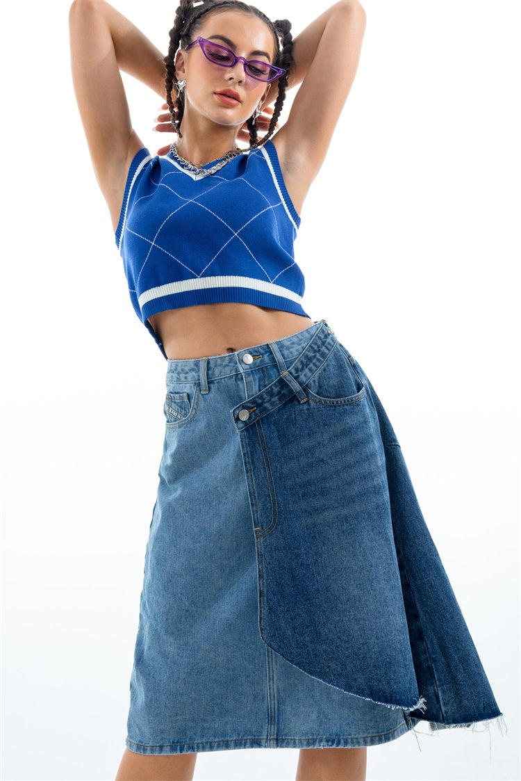 Blue Irregular Stitching Denim Skirt