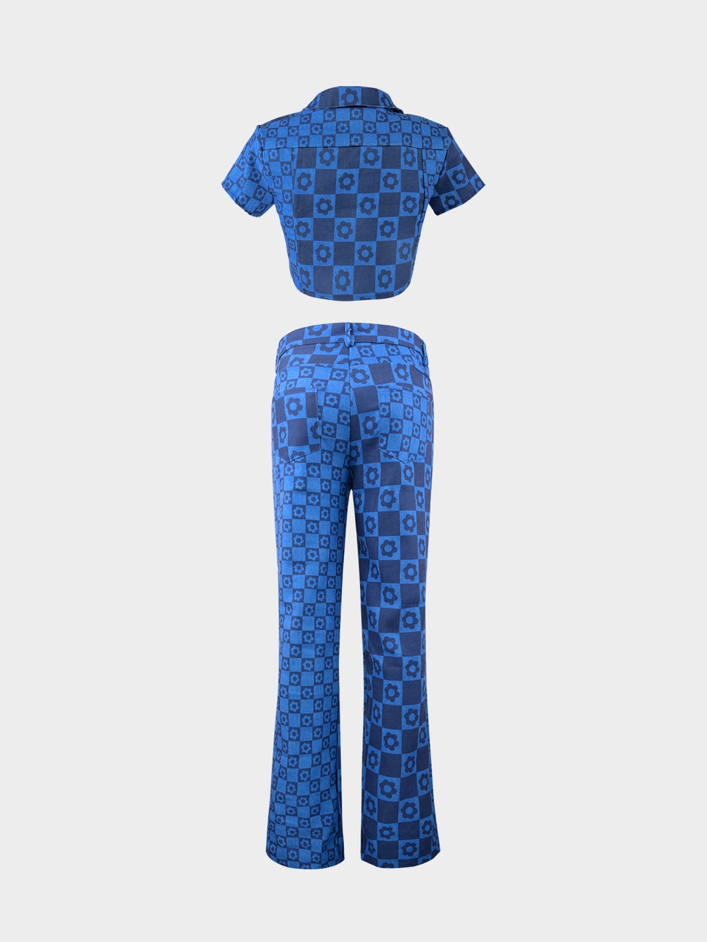 Blue Flower Checkerboard Print Two-Piece Suit