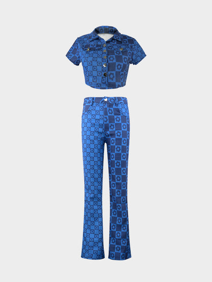 Blue Flower Checkerboard Print Two-Piece Suit