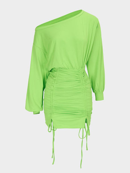Green Ruffled Strapless Off-shoulder Dress