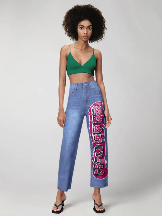 Street Letter Print Mid-Rise Casual Straight-Leg Jeans