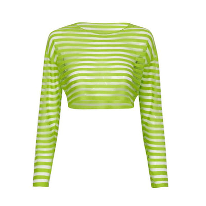 Women's cross-border gauze perspective stripe open navel T-shirt short top
