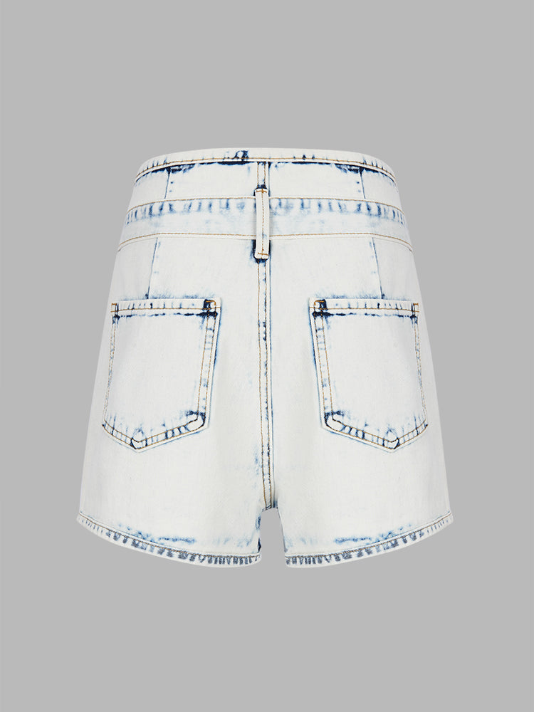 Stone White Cotton Denim Shorts with Belt