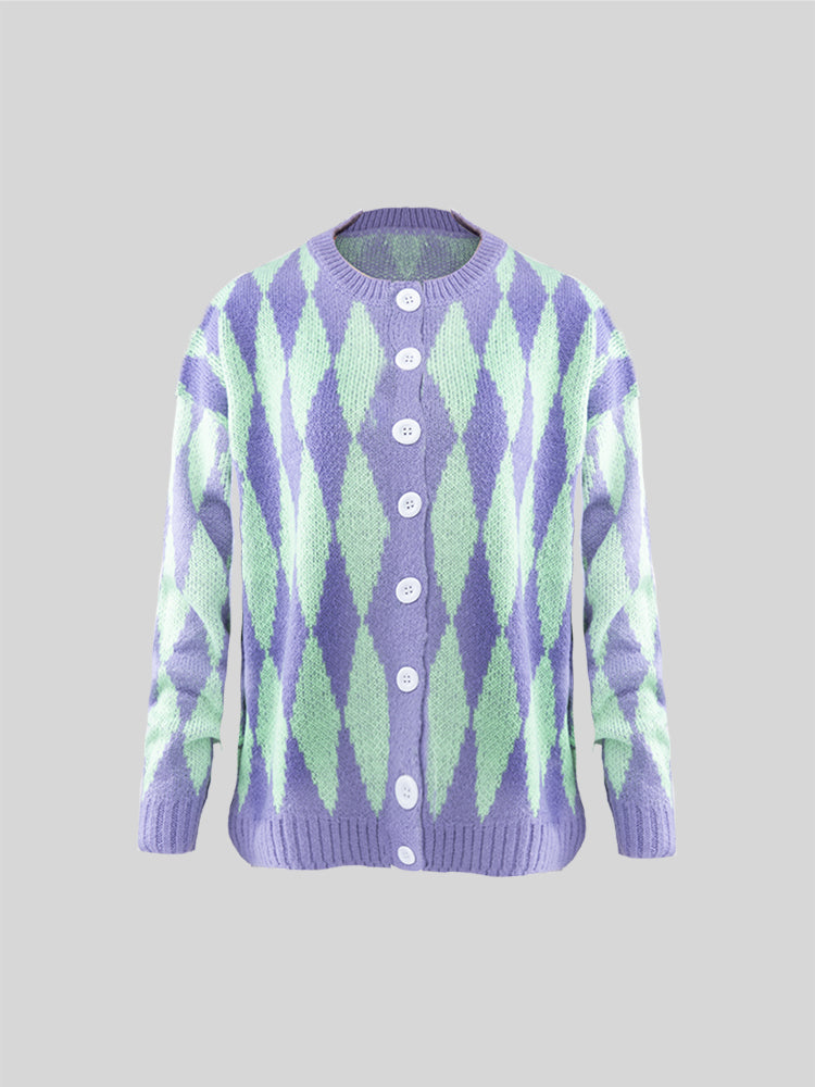 Purple Diamond Check Cardigan Sweater