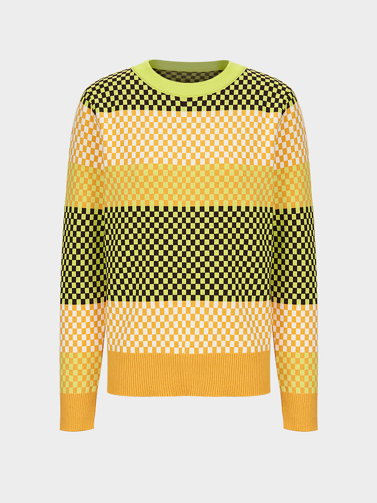 Yellow Contrast Color Plaid Sweater