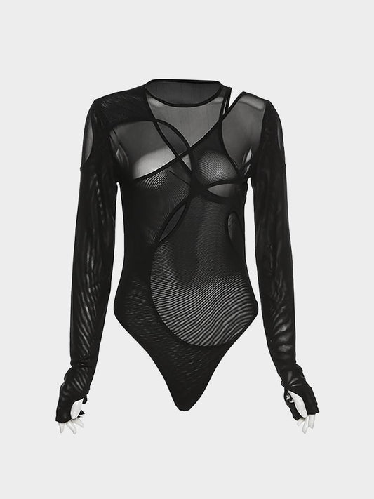 Hierarchical Hollow - Fake Two-piece Mesh See-through Bodysuit