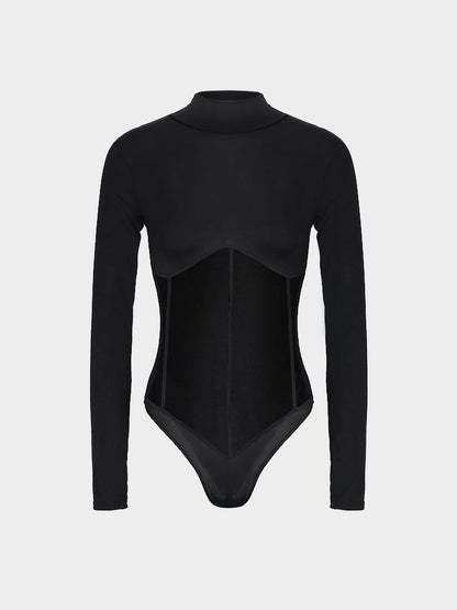 Perspective Mesh - High-neck Skinny Sexy Mesh Long-sleeved Bodysuit