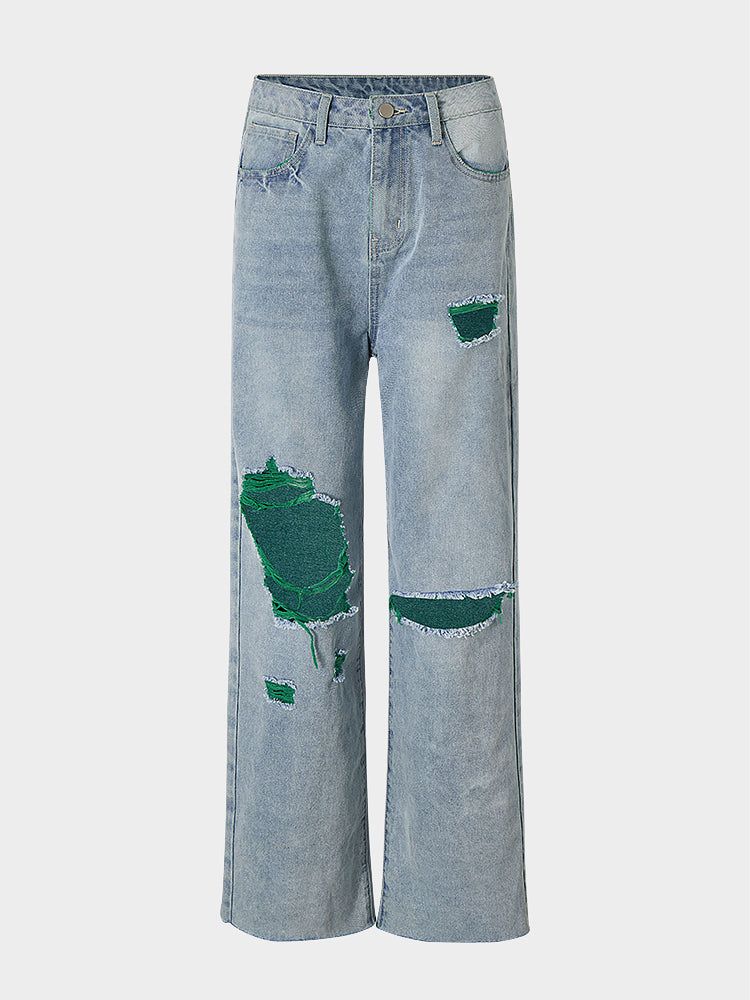 Ripped Green Inside Denim Slight Stretch Jeans