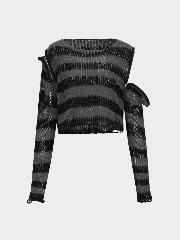 Striped Long Sleeves Sweater with Zip Holes