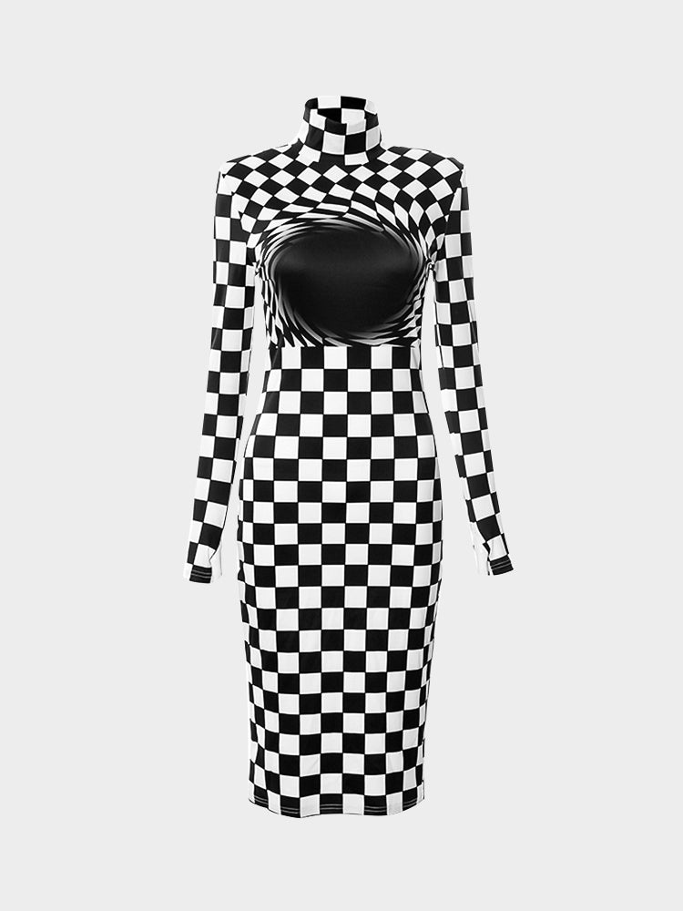 High Neck Checkerboard Vortex Finger Sleeves Long Sleeve Tight-fitting Dress