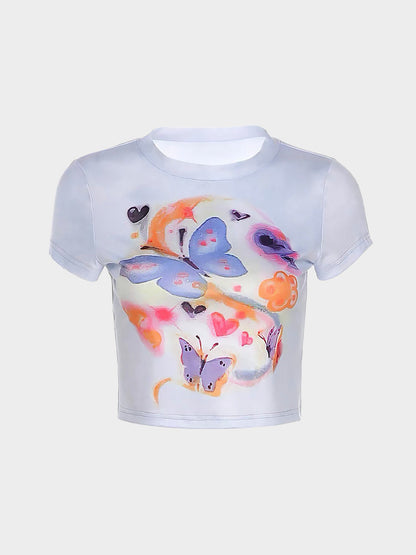 Butterfly Print Navel T-shirt