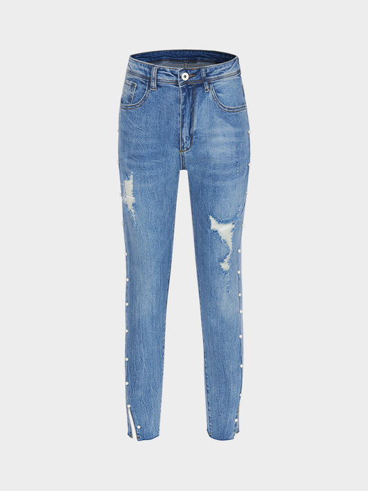 High-stretch Ripped Basic Jeans with Pearl design