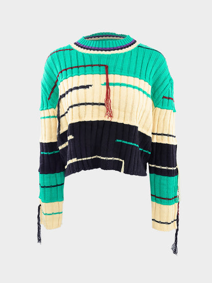 Green Tassel Contrast Color Pullover Short Sweater