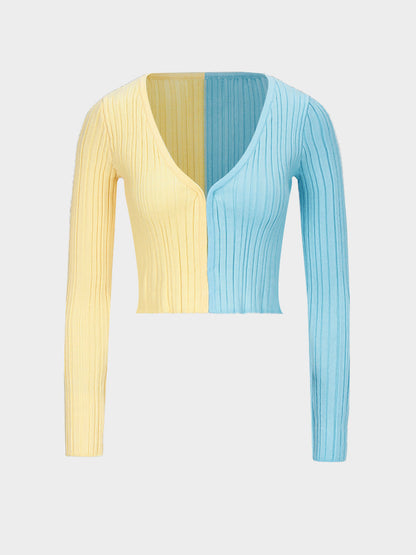 Contrast Color Crocheted Long-sleeved Woolen Cardigan