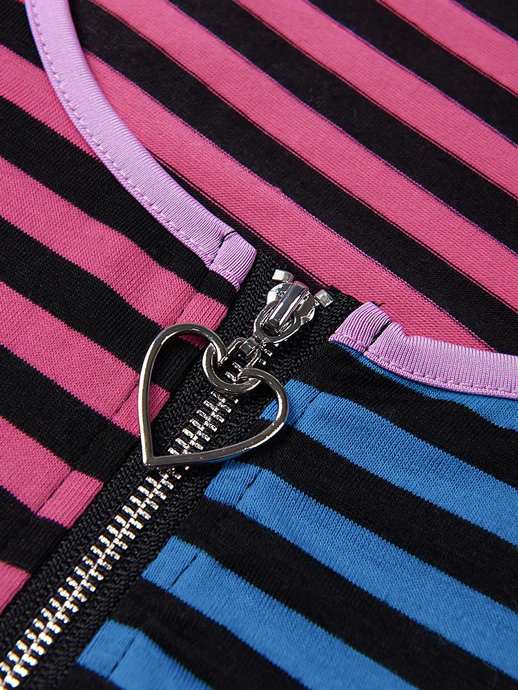 Colorblock Striped Zipper Cardigan Short-sleeved T-shirt