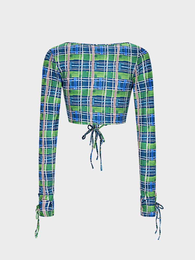 Plaid Series-Plaid Square Neck Long-sleeved T-shirt Two-piece Top