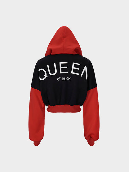 Queen's Letters Print Contrast Color Hooded Short Sweatshirt