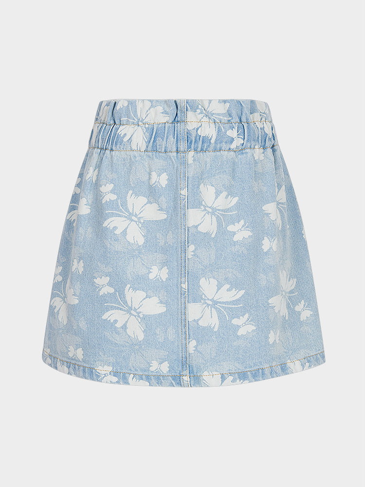 Blue Garden Denim Skirt with Flying Butterflies