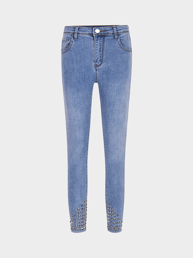 Skinny Medium Stretch Denim Jeans with Rivet Design