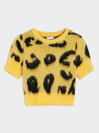 Yellow Leopard Print Short Sleeve Woolen Fabric