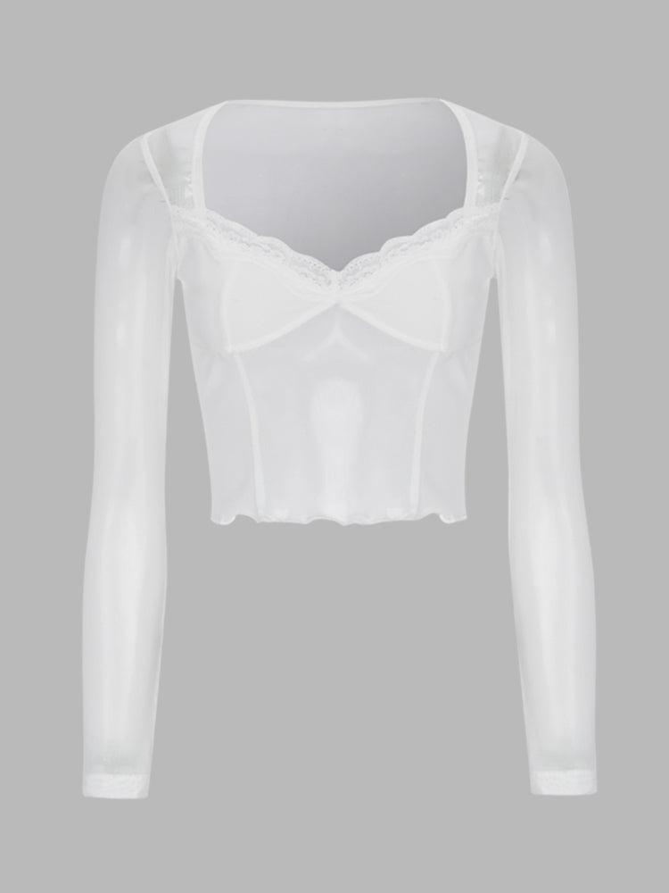 Lace Stitching Mesh See-through Long-sleeved Top