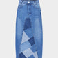 Tangram Bud Denim Patchwork Slight Stretch Long Skirt
