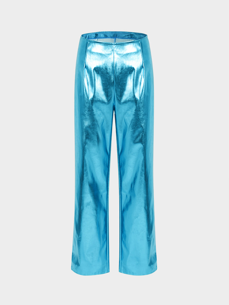 Shiny Solid Color Straight-leg Trousers