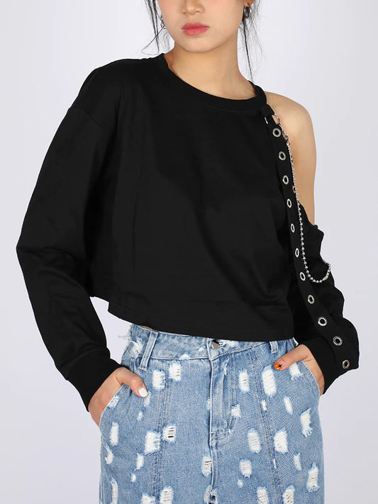 Black Off-Shoulder Hollow Chain Sweater Sweatshirt