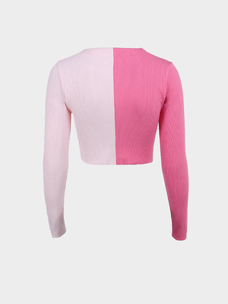 Pink Stitching Contrast Tight-Fitting Cardigan T-Shirt