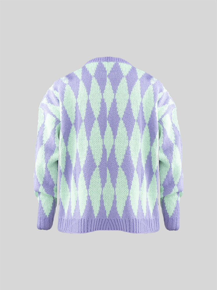 Purple Diamond Check Cardigan Sweater