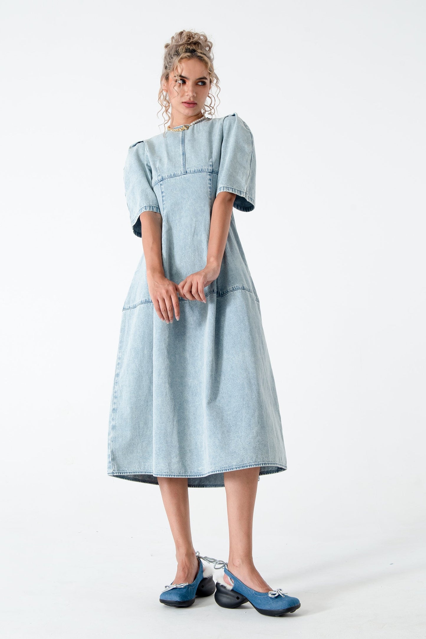 Mint Blue Denim Dress with Puffy Sleeves Medium Stretch