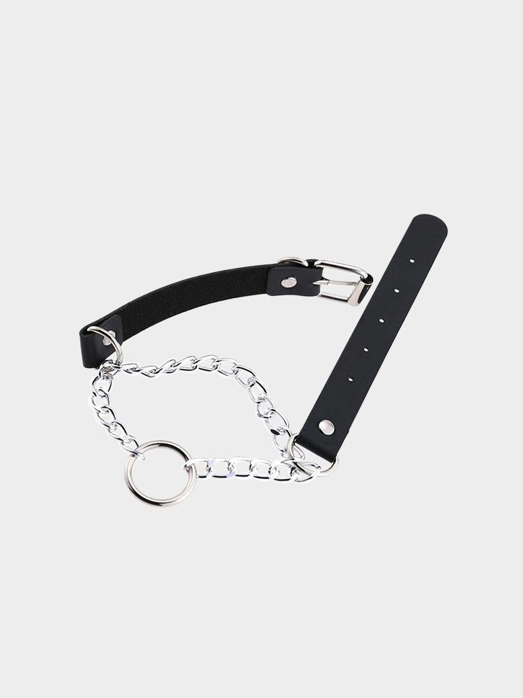 Dark Punk Leather Ring Chain Choker
