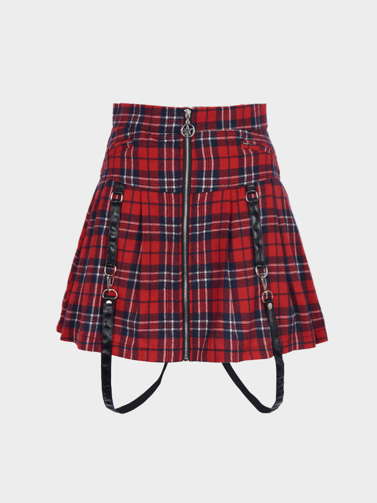 Punk Gothic Zip Strap Pleated Skirt