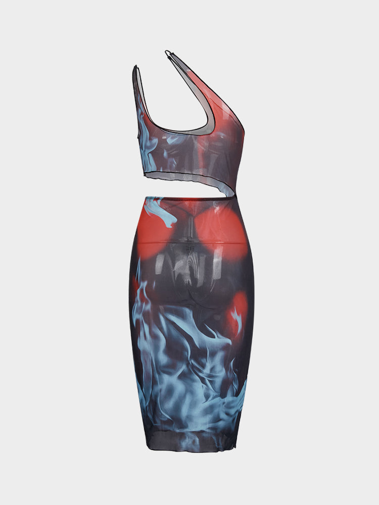 Irregular Deconstructed Mesh Sheer Thermal Print Dress