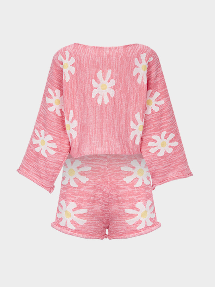 Boat Neck Flowers Shorts Two-Piece Outfits