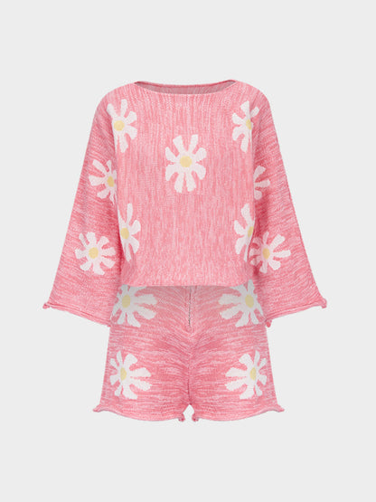 Boat Neck Flowers Shorts Two-Piece Outfits
