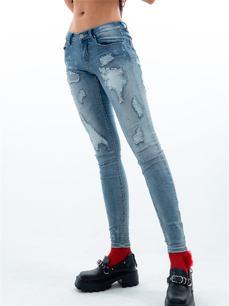 Blue Slim-Fit Ripped Trousers