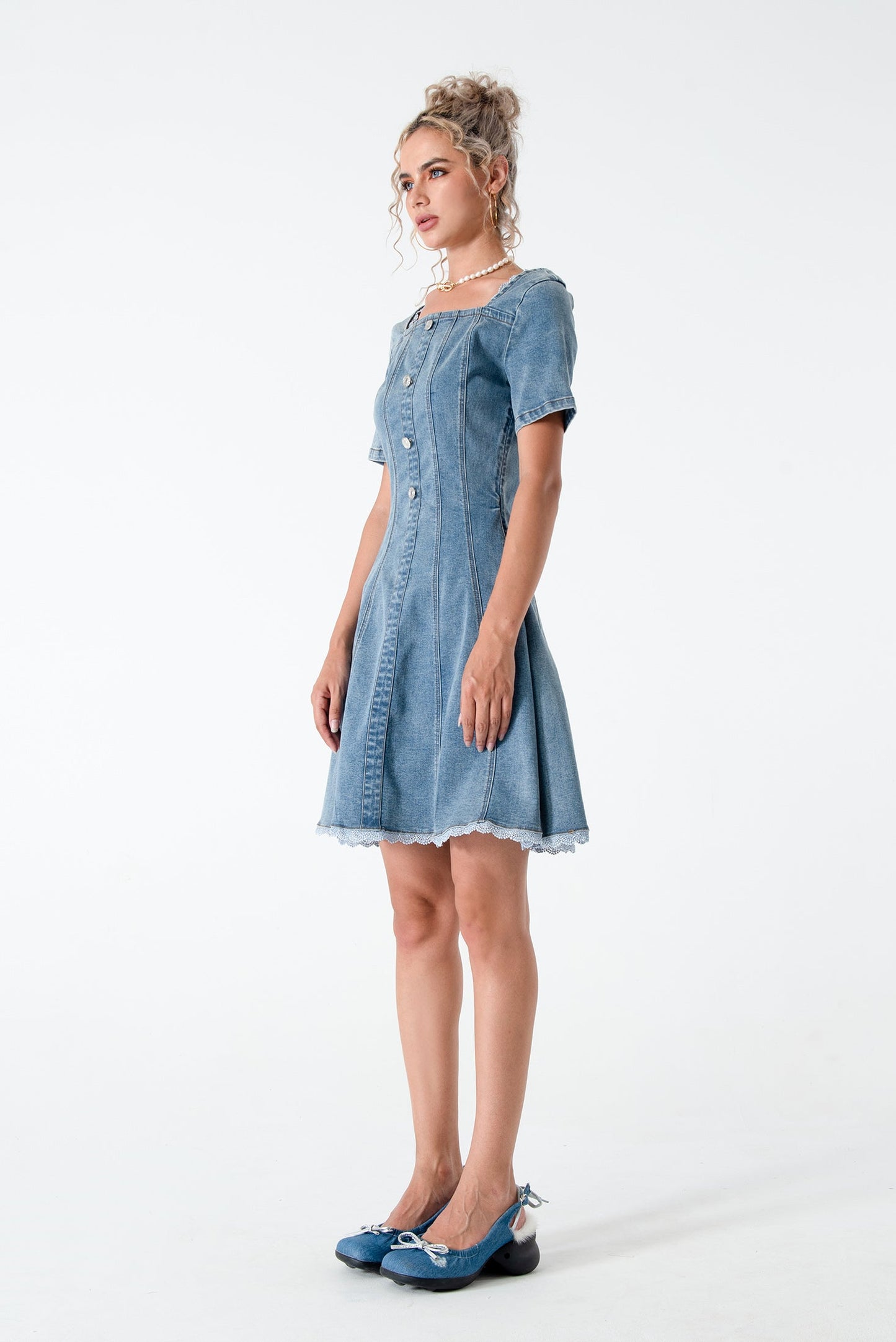 Ladylike A-line Square Neck Medium Stretch Denim Dress with Lace Hem