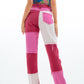 Pink Fuchsia Denim Contrast Splicing Slight Stretch Jeans