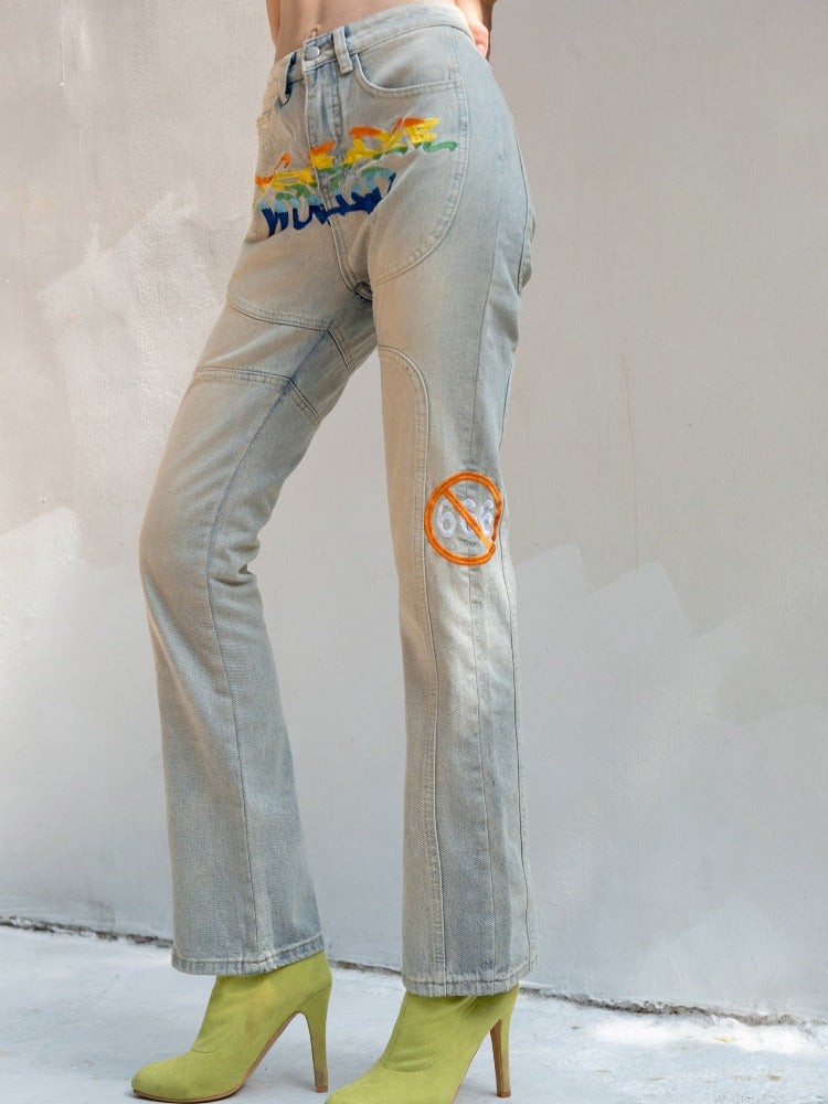 Irregular Dividing Line Wide Leg Denim Jean