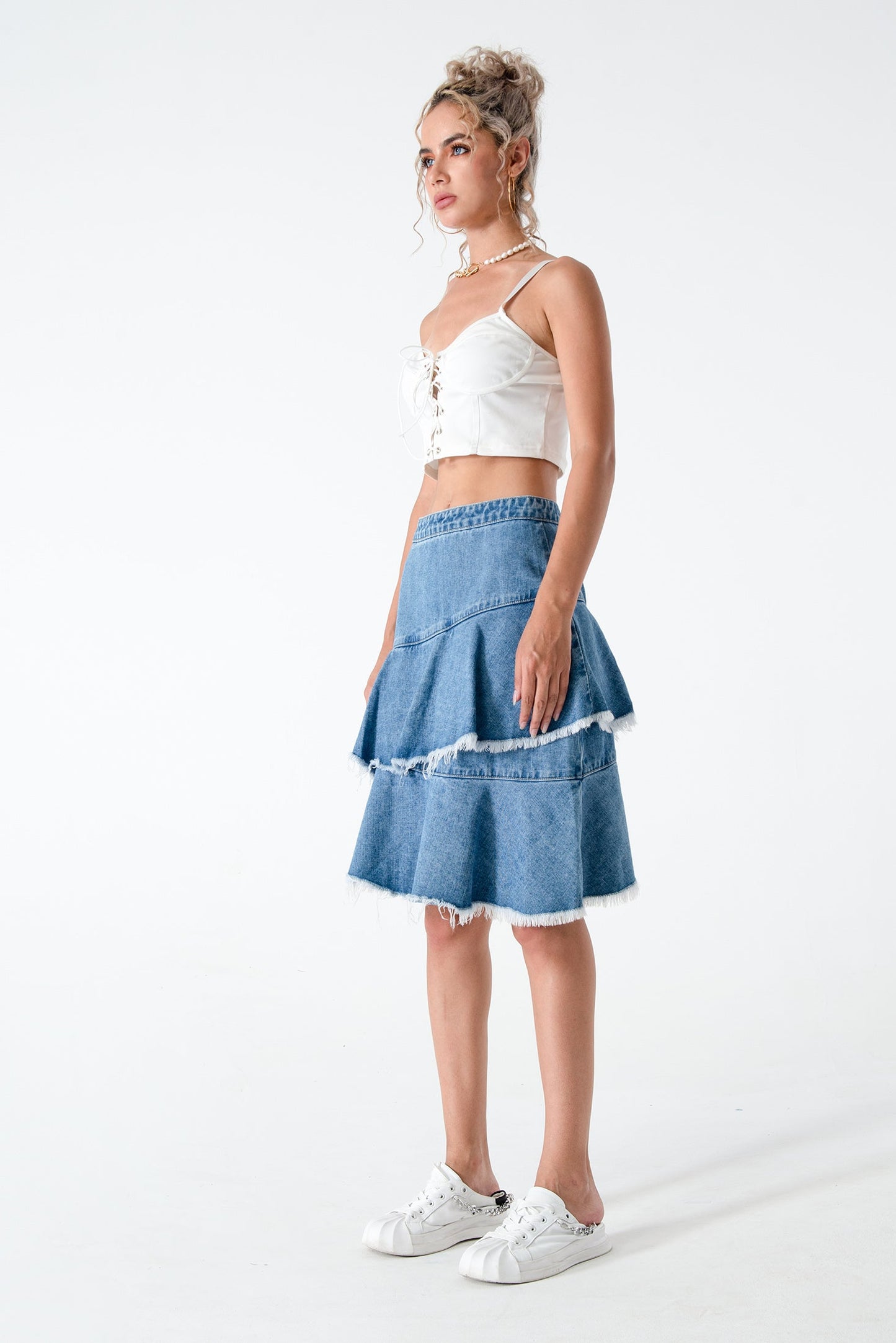 Ruffled Fishtail Denim Skirt