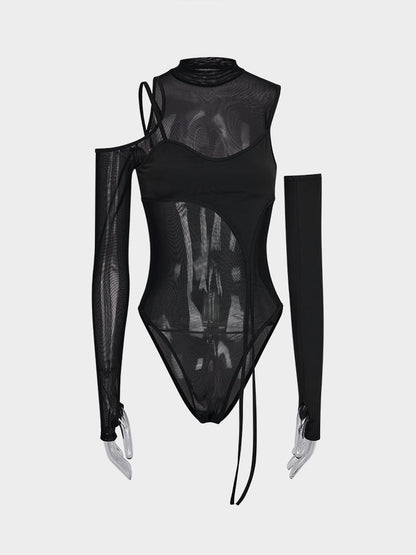 Black Mesh Irregular Splicing Bodysuit
