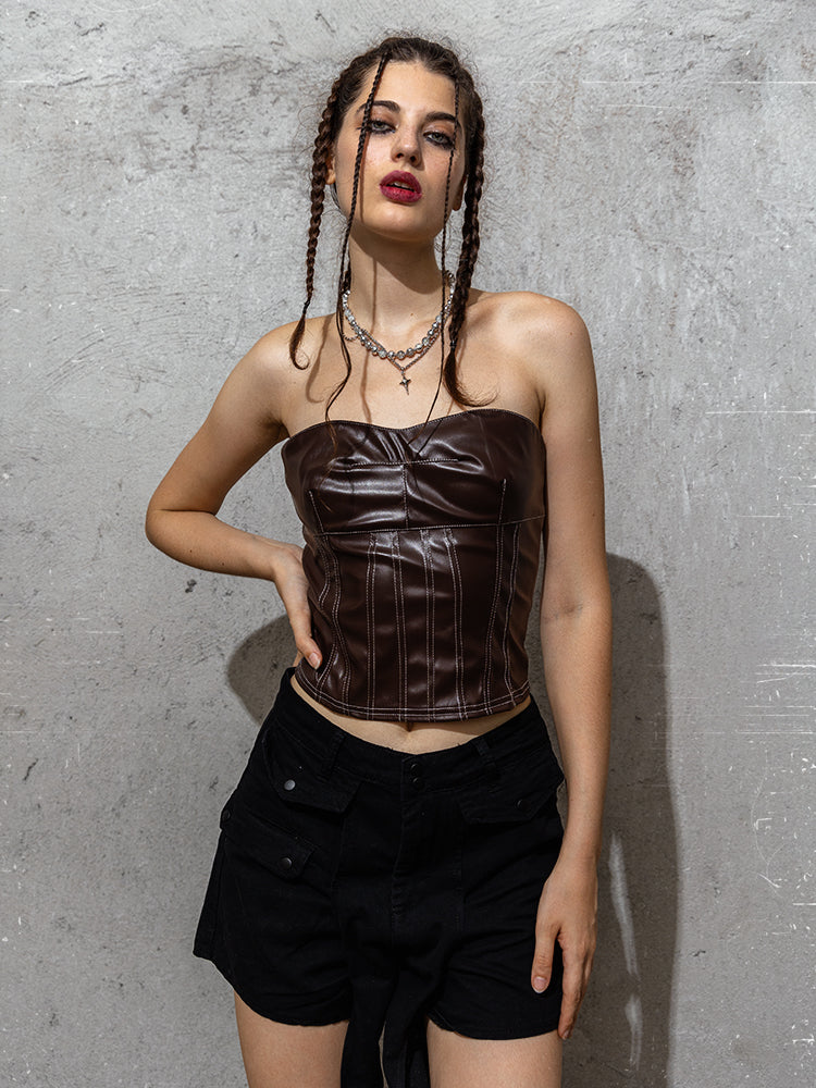 Tube Top Slim PU Leather Bottoming Midriff-baring Tops Vest