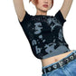 Women's Black Sexy Pattern Portrait Print Slim Fit Open Umbilical Short Sleeve T-shirt Summer Casual Top