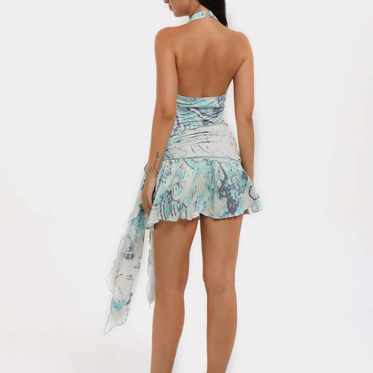 Neck Strap Irregular Print Dress Girl