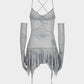 Mesh-print Fringed Slip Dress